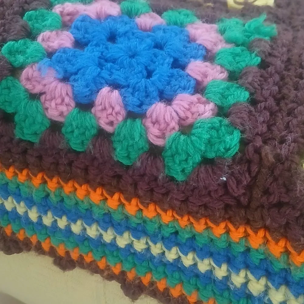 Vintage 70's Handmade Blanket Granny Square Farmhouse Multi-Color Crochet Unique